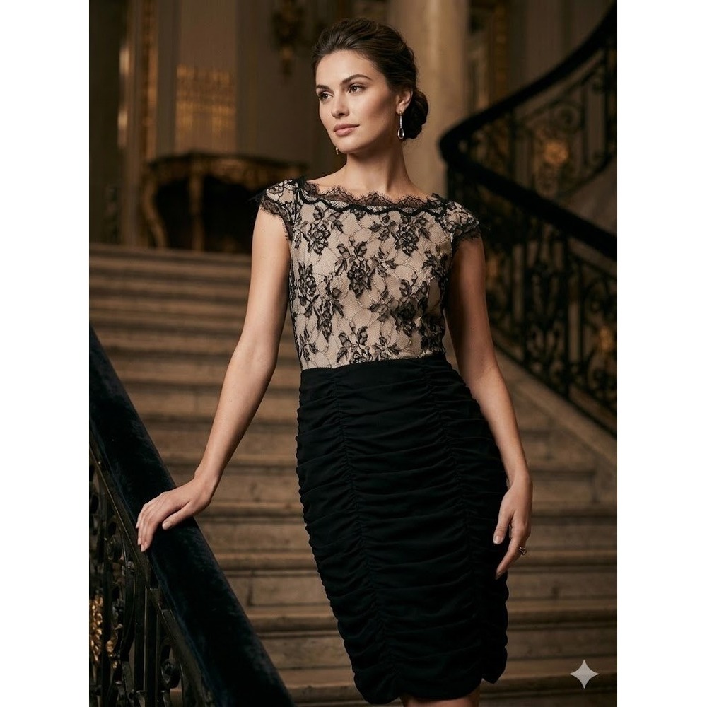 Tadashi Shoji Black Mini Dress Ruched Bodycon Lace Illusion Bodice Size 12 Gala